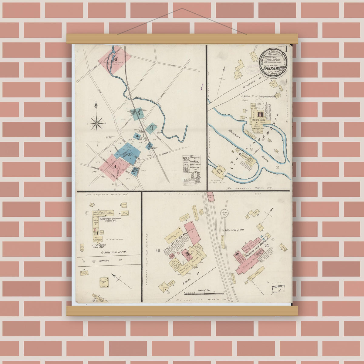 Old map wall art mockup — magnetic wood frame on brick wall — Sanborn Fire Insurance Map from Bridgewater, Plymouth County, Massachusetts (1885), Sheet #0001
