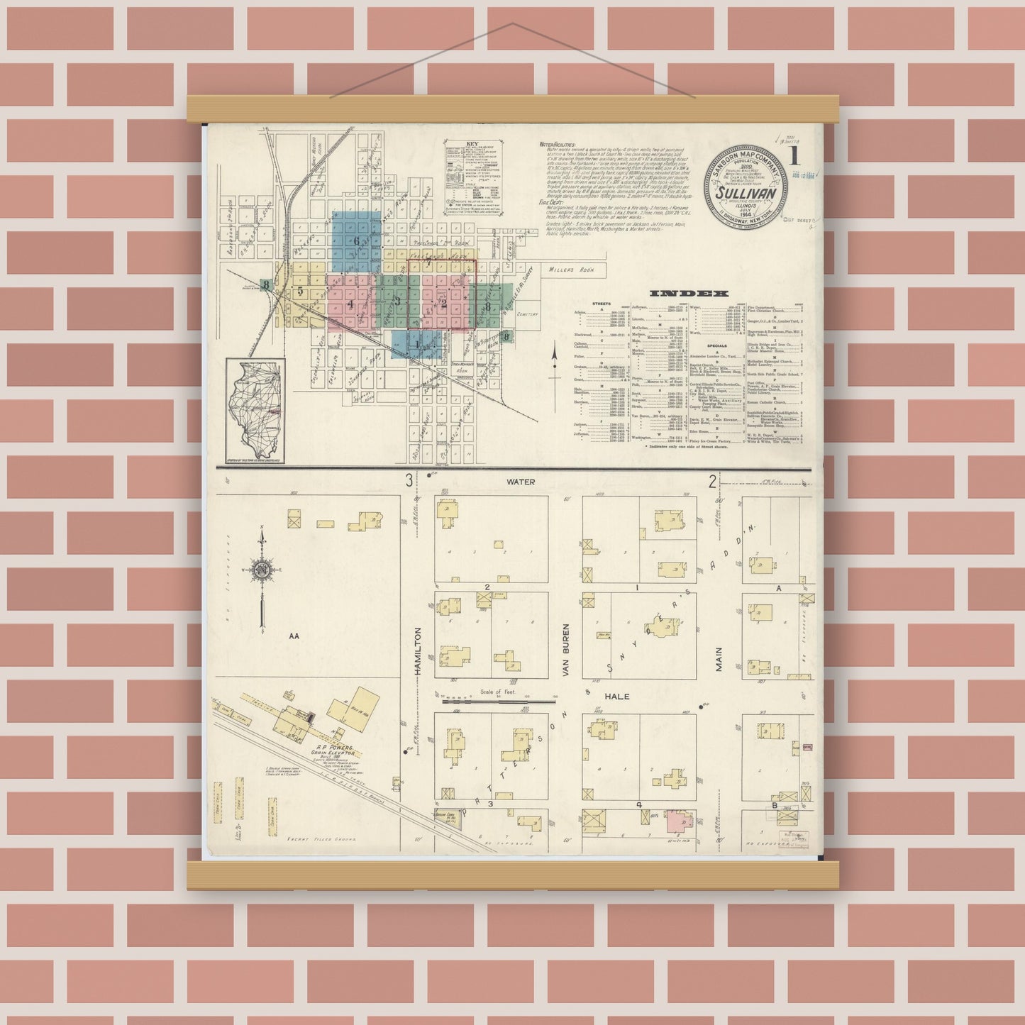 Old map wall art mockup — magnetic wood frame on brick wall — Sanborn Fire Insurance Map from Sullivan, Moultrie County, Illinois (1914) - Complete Map Set