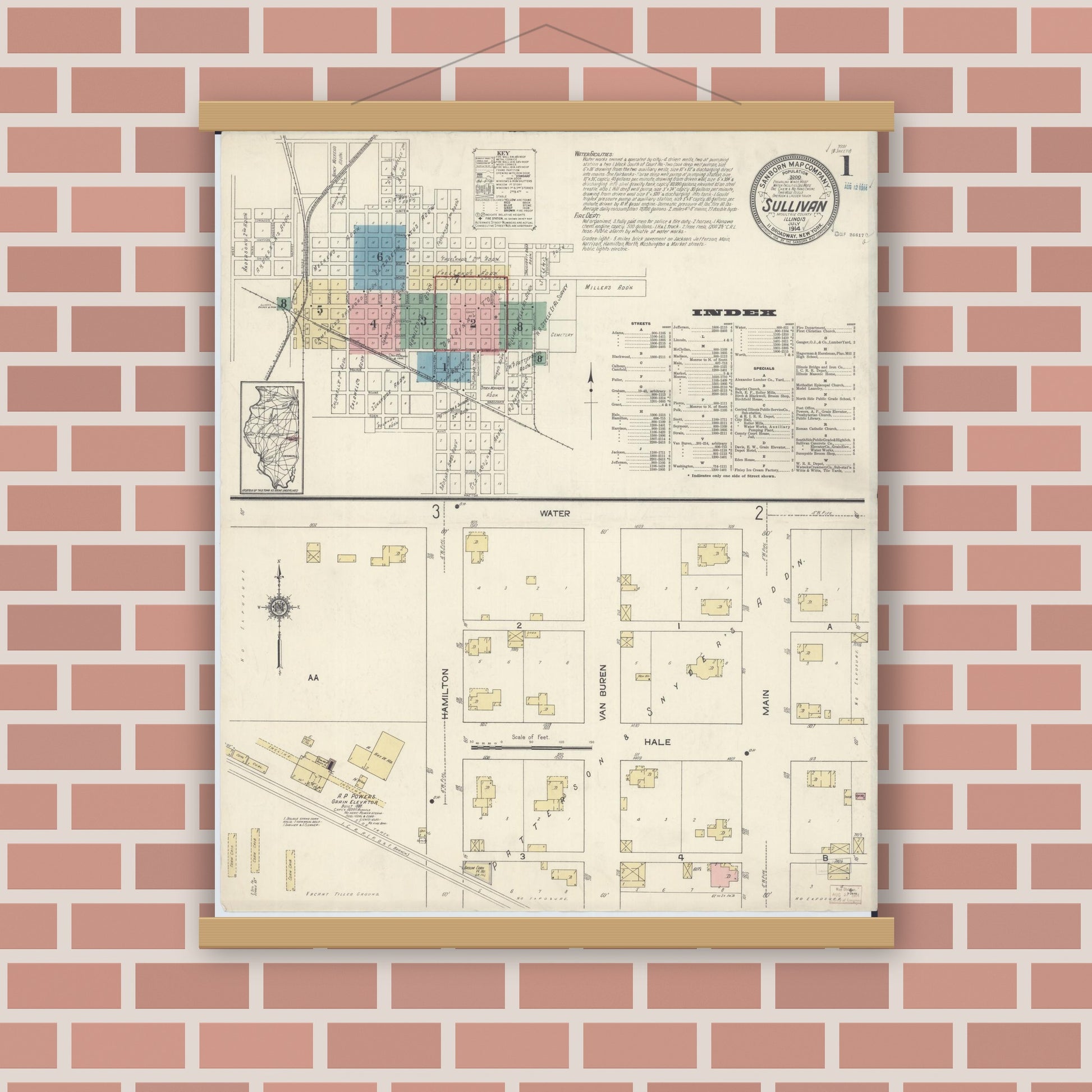 Old map wall art mockup — magnetic wood frame on brick wall — Sanborn Fire Insurance Map from Sullivan, Moultrie County, Illinois (1914) - Complete Map Set
