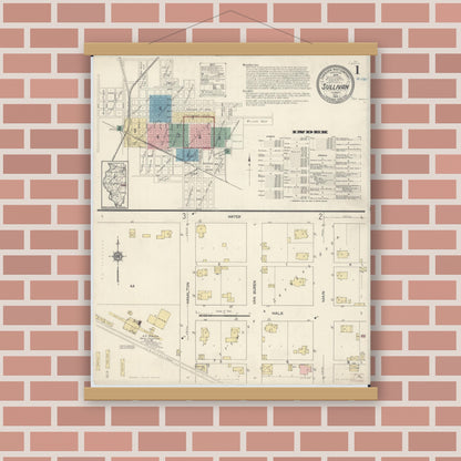 Old map wall art mockup — magnetic wood frame on brick wall — Sanborn Fire Insurance Map from Sullivan, Moultrie County, Illinois (1914) - Complete Map Set
