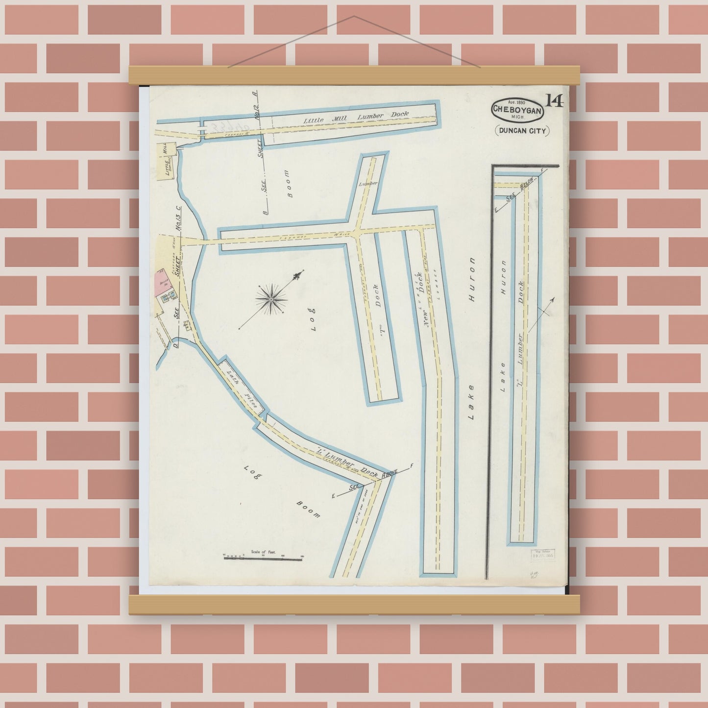 Old map wall art mockup — magnetic wood frame on brick wall — Sanborn Fire Insurance Map from Cheboygan, Cheboygan County, Michigan (1890), Sheet #0014