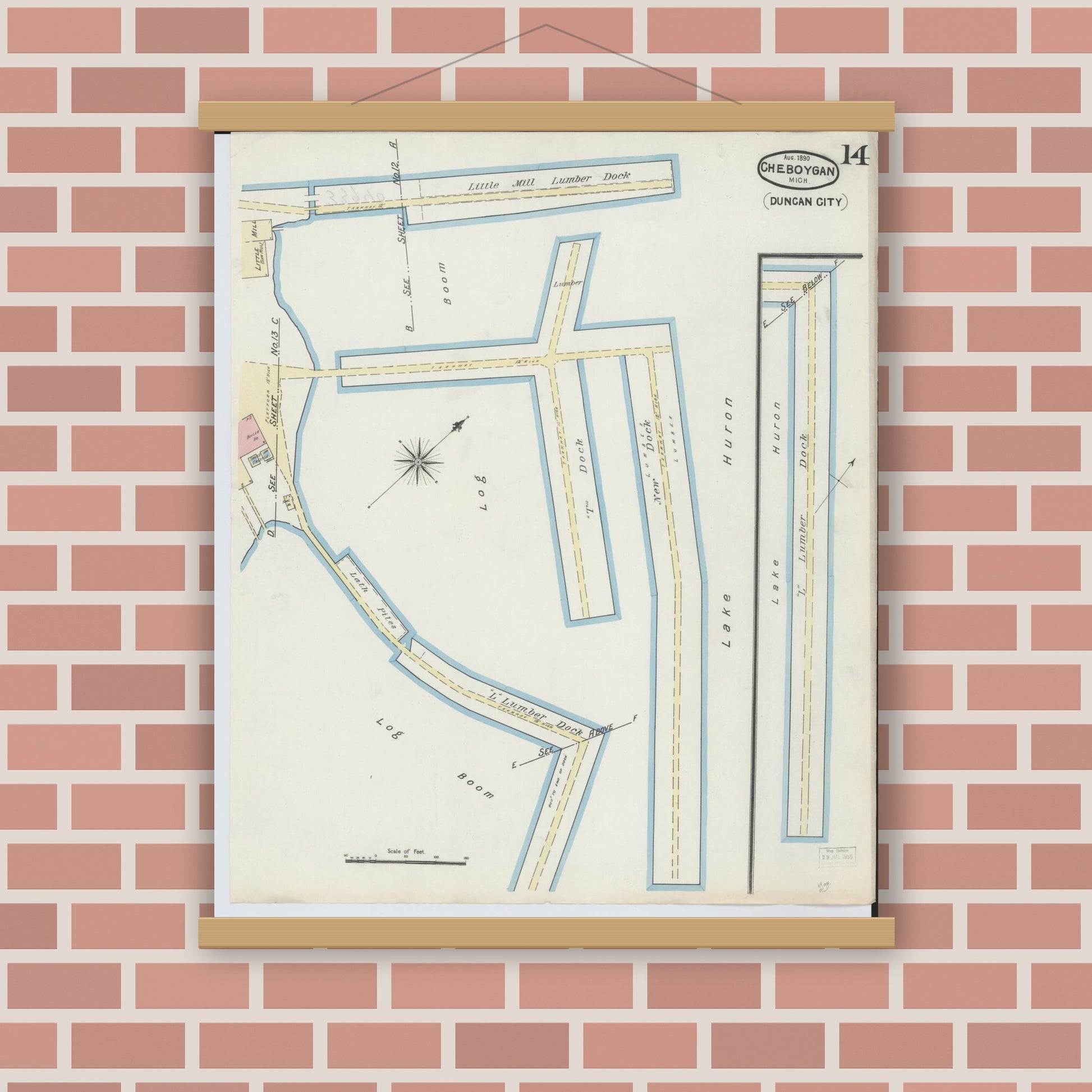 Old map wall art mockup — magnetic wood frame on brick wall — Sanborn Fire Insurance Map from Cheboygan, Cheboygan County, Michigan (1890), Sheet #0014
