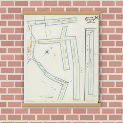 Old map wall art mockup — magnetic wood frame on brick wall — Sanborn Fire Insurance Map from Cheboygan, Cheboygan County, Michigan (1890), Sheet #0014