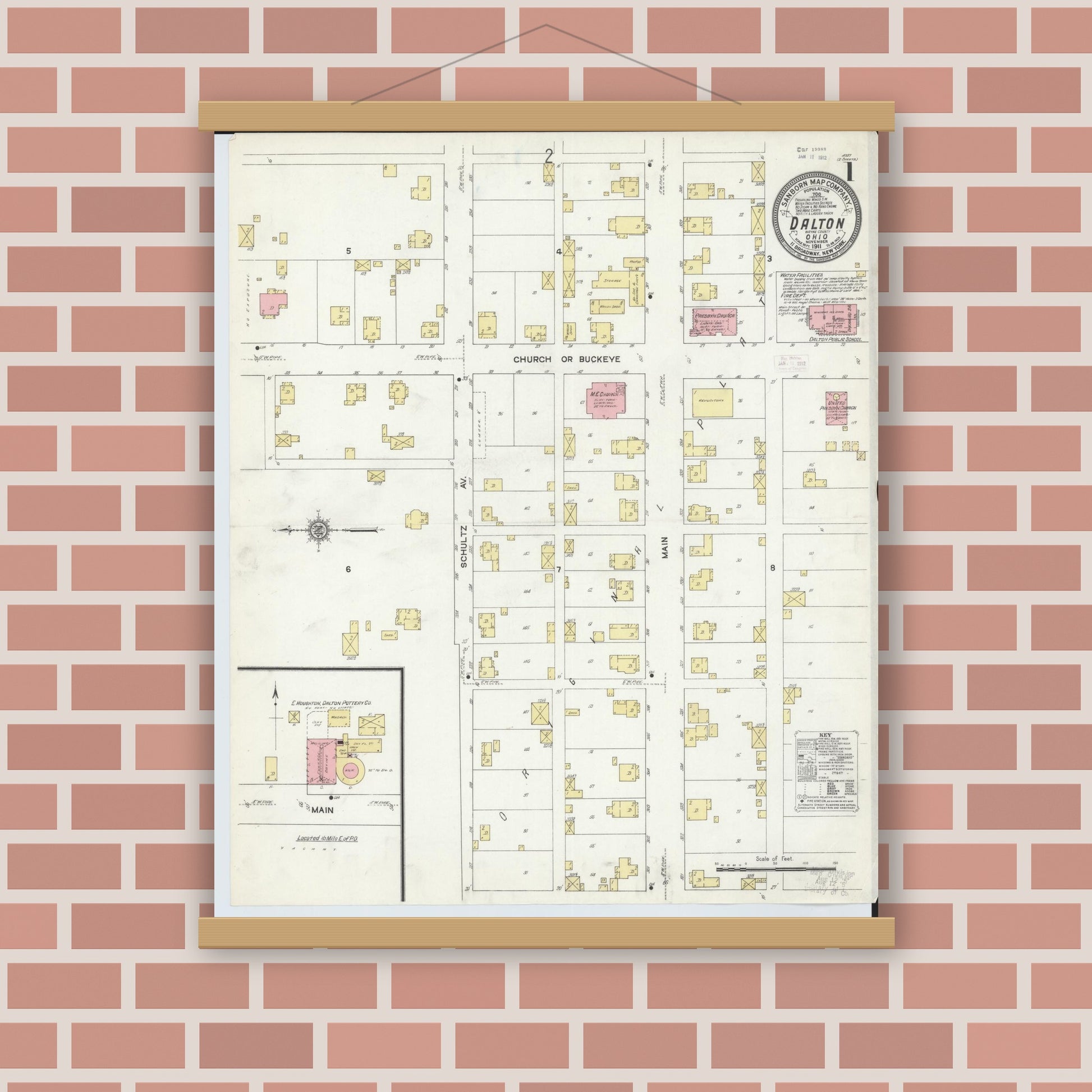 Old map wall art mockup — magnetic wood frame on brick wall — Sanborn Fire Insurance Map from Dalton, Wayne County, Ohio (1911), Sheet #0001