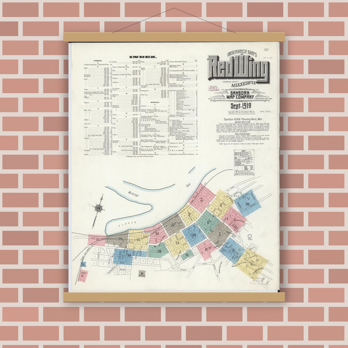 Old map wall art mockup — magnetic wood frame on brick wall — Sanborn Fire Insurance Map from Red Wing, Goodhue County, Minnesota (1910), Sheet #0001