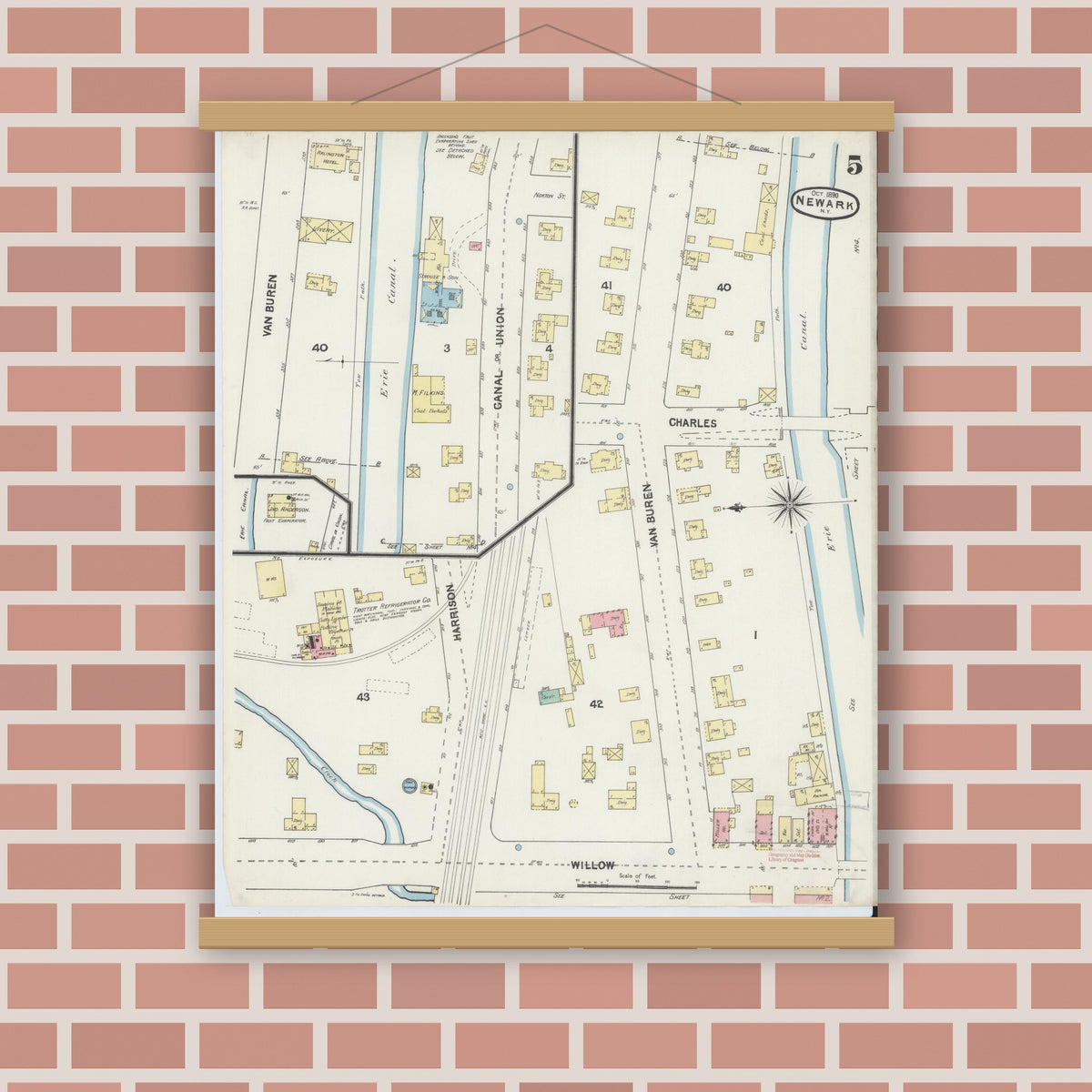 Old map wall art mockup — magnetic wood frame on brick wall — Sanborn Fire Insurance Map from Newark, Wayne County, New York (1890), Sheet #0005