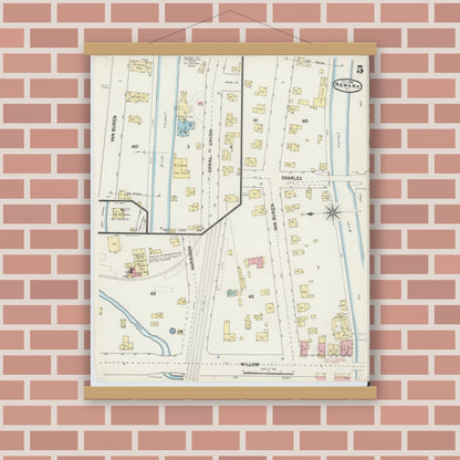 Old map wall art mockup — magnetic wood frame on brick wall — Sanborn Fire Insurance Map from Newark, Wayne County, New York (1890), Sheet #0005