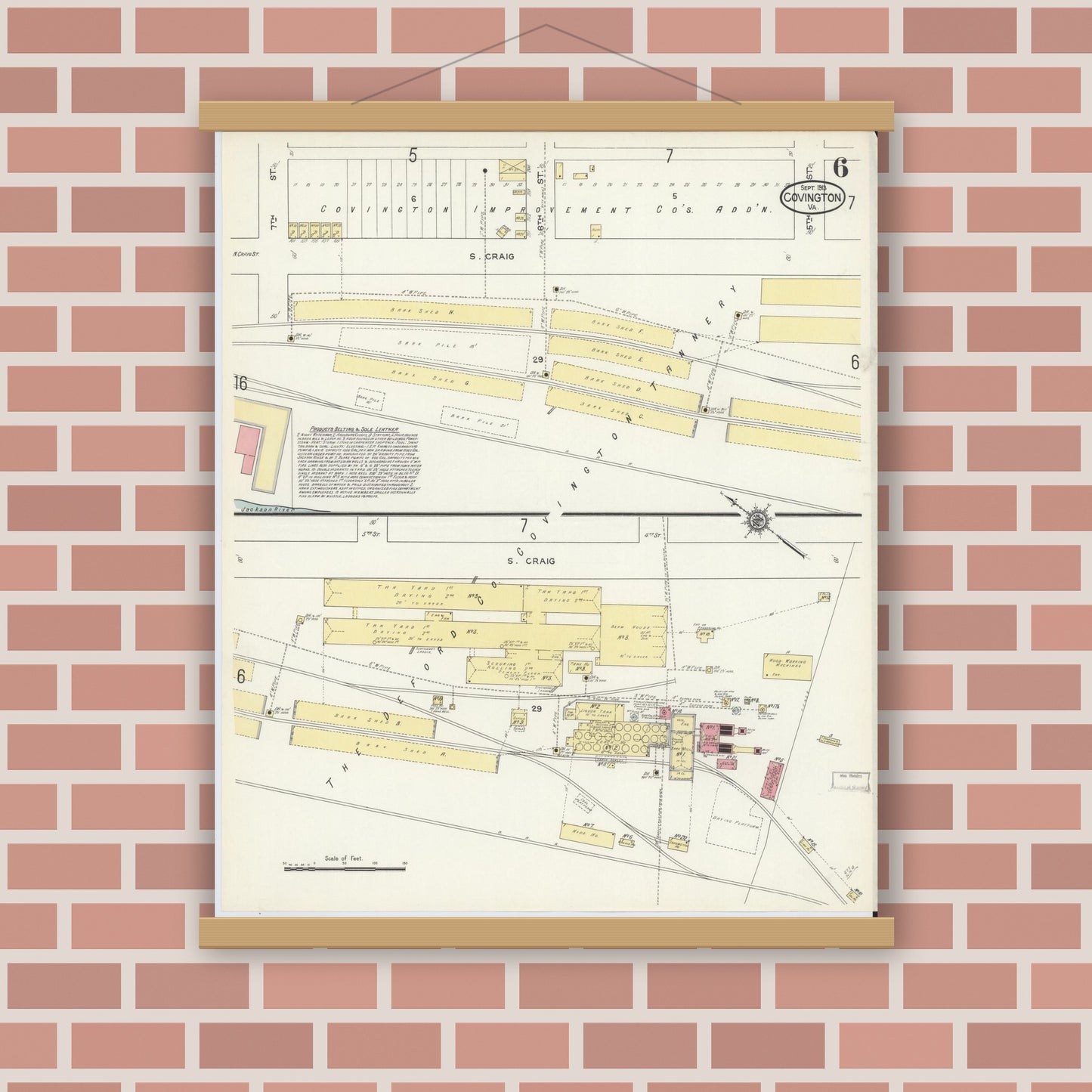 Old map wall art mockup — magnetic wood frame on brick wall — Sanborn Fire Insurance Map from Covington, Independent Cities, Virginia (1913), Sheet #0006
