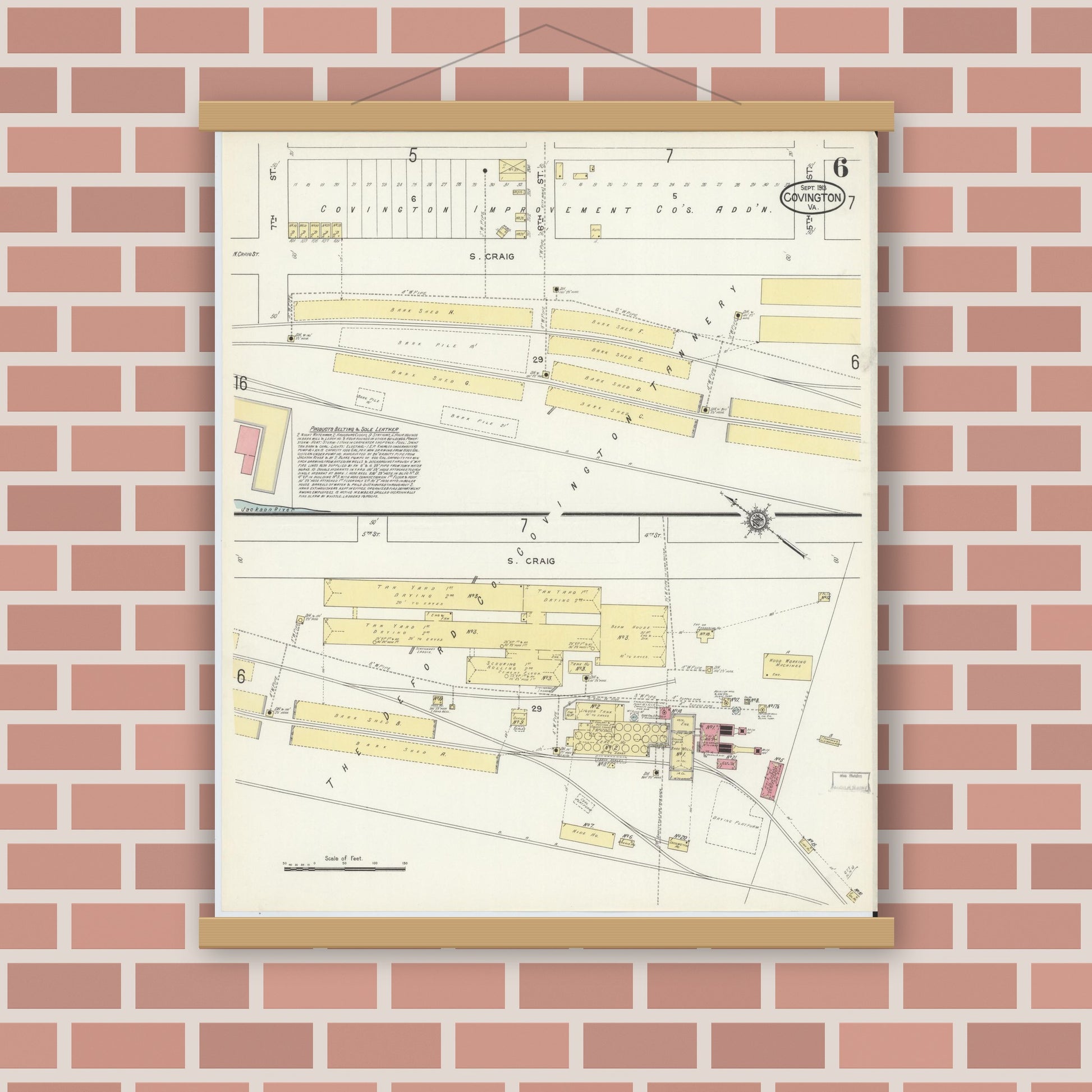 Old map wall art mockup — magnetic wood frame on brick wall — Sanborn Fire Insurance Map from Covington, Independent Cities, Virginia (1913), Sheet #0006
