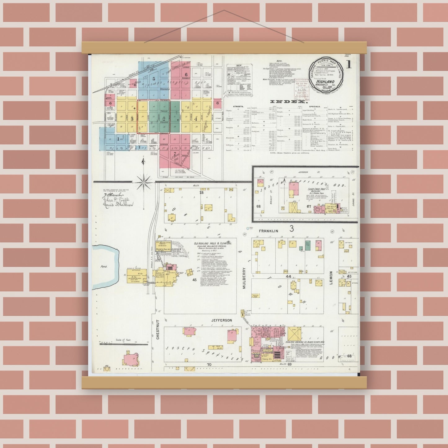 Old map wall art mockup — magnetic wood frame on brick wall — Sanborn Fire Insurance Map from Highland, Madison County, Illinois (1899), Sheet #0001