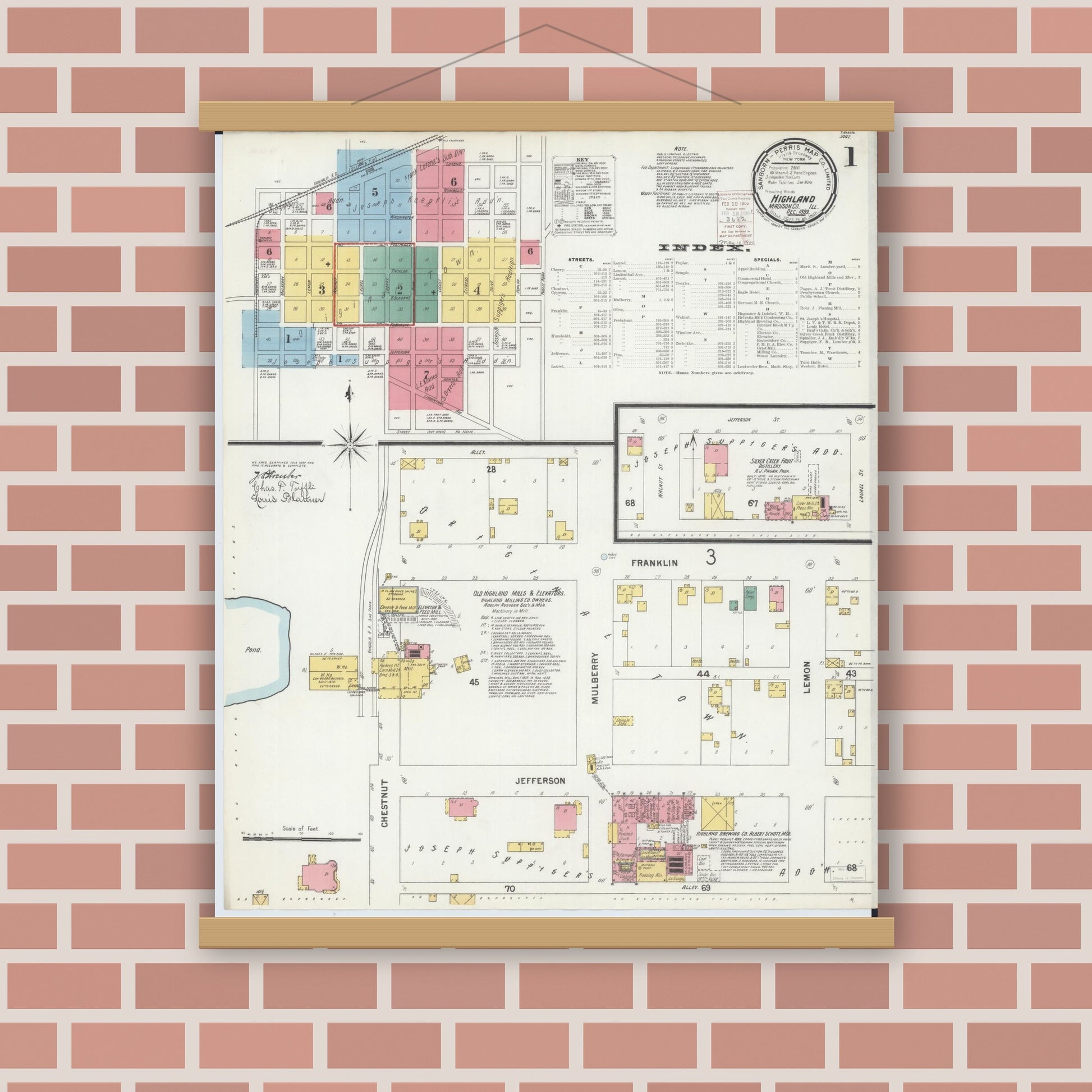 Old map wall art mockup — magnetic wood frame on brick wall — Sanborn Fire Insurance Map from Highland, Madison County, Illinois (1899), Sheet #0001