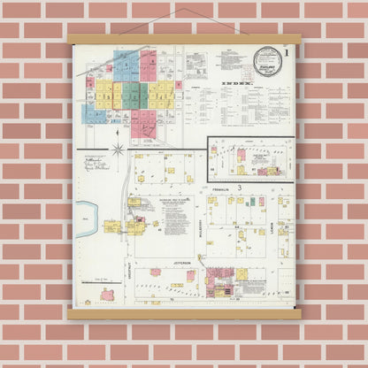 Old map wall art mockup — magnetic wood frame on brick wall — Sanborn Fire Insurance Map from Highland, Madison County, Illinois (1899), Sheet #0001