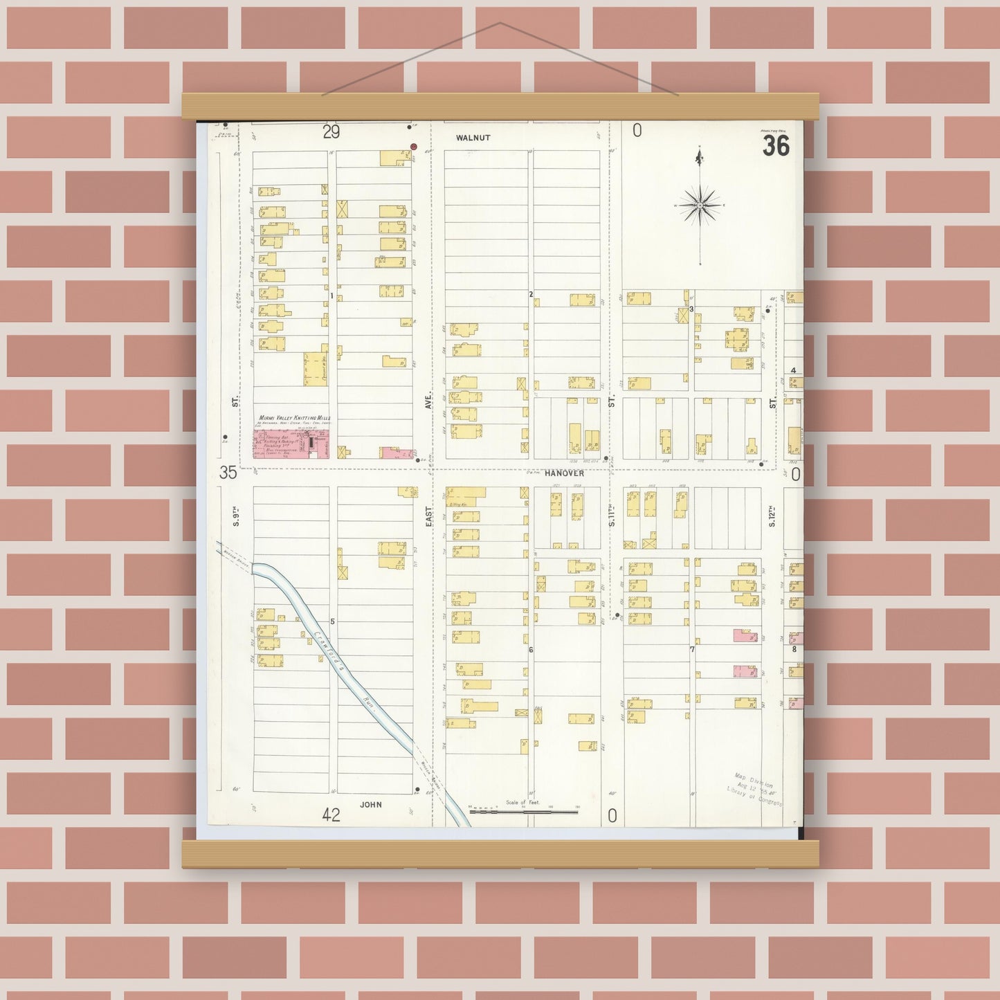 Old map wall art mockup — magnetic wood frame on brick wall — Sanborn Fire Insurance Map from Hamilton, Butler County, Ohio (1899), Sheet #0036