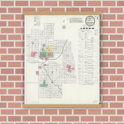 Old map wall art mockup — magnetic wood frame on brick wall — Sanborn Fire Insurance Map from Alexandria, Madison County, Indiana (1896), Sheet #0001