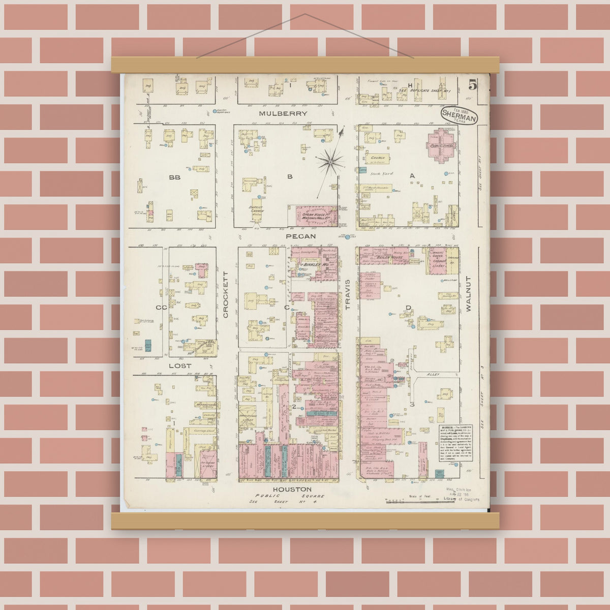 Old map wall art mockup — magnetic wood frame on brick wall — Sanborn Fire Insurance Map from Sherman, Grayson County, Texas (1885), Sheet #0005