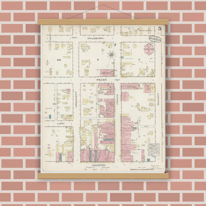 Old map wall art mockup — magnetic wood frame on brick wall — Sanborn Fire Insurance Map from Sherman, Grayson County, Texas (1885), Sheet #0005