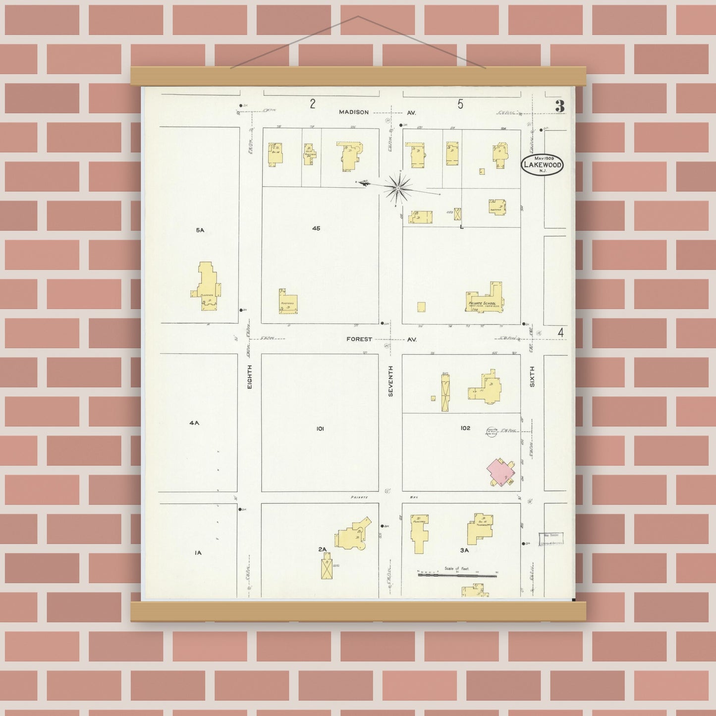 Old map wall art mockup — magnetic wood frame on brick wall — Sanborn Fire Insurance Map from Lakewood, Ocean County, New Jersey (1909), Sheet #0003