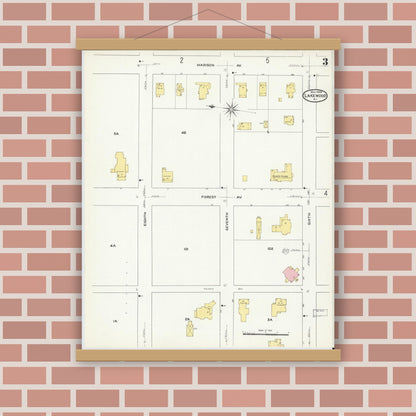 Old map wall art mockup — magnetic wood frame on brick wall — Sanborn Fire Insurance Map from Lakewood, Ocean County, New Jersey (1909), Sheet #0003