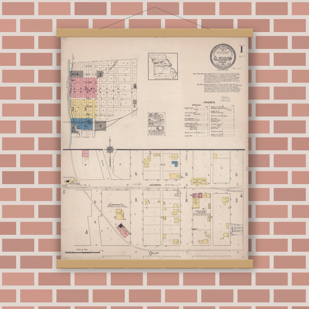 Old map wall art mockup — magnetic wood frame on brick wall — Sanborn Fire Insurance Map from Glasgow, Howard County, Missouri (1922) - Complete Map Set