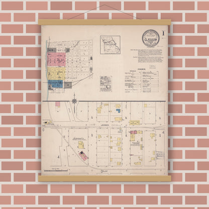 Old map wall art mockup — magnetic wood frame on brick wall — Sanborn Fire Insurance Map from Glasgow, Howard County, Missouri (1922) - Complete Map Set