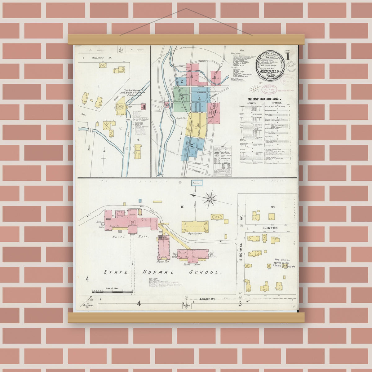 Old map wall art mockup — magnetic wood frame on brick wall — Sanborn Fire Insurance Map from Mansfield, Tioga County, Pennsylvania (1897), Sheet #0001