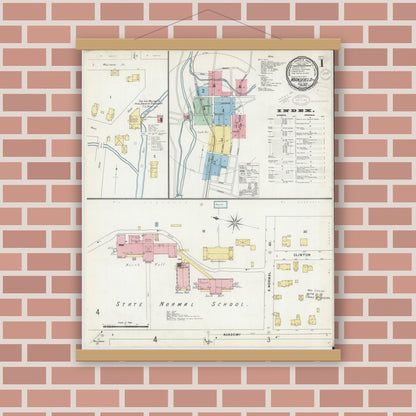 Old map wall art mockup — magnetic wood frame on brick wall — Sanborn Fire Insurance Map from Mansfield, Tioga County, Pennsylvania (1897), Sheet #0001