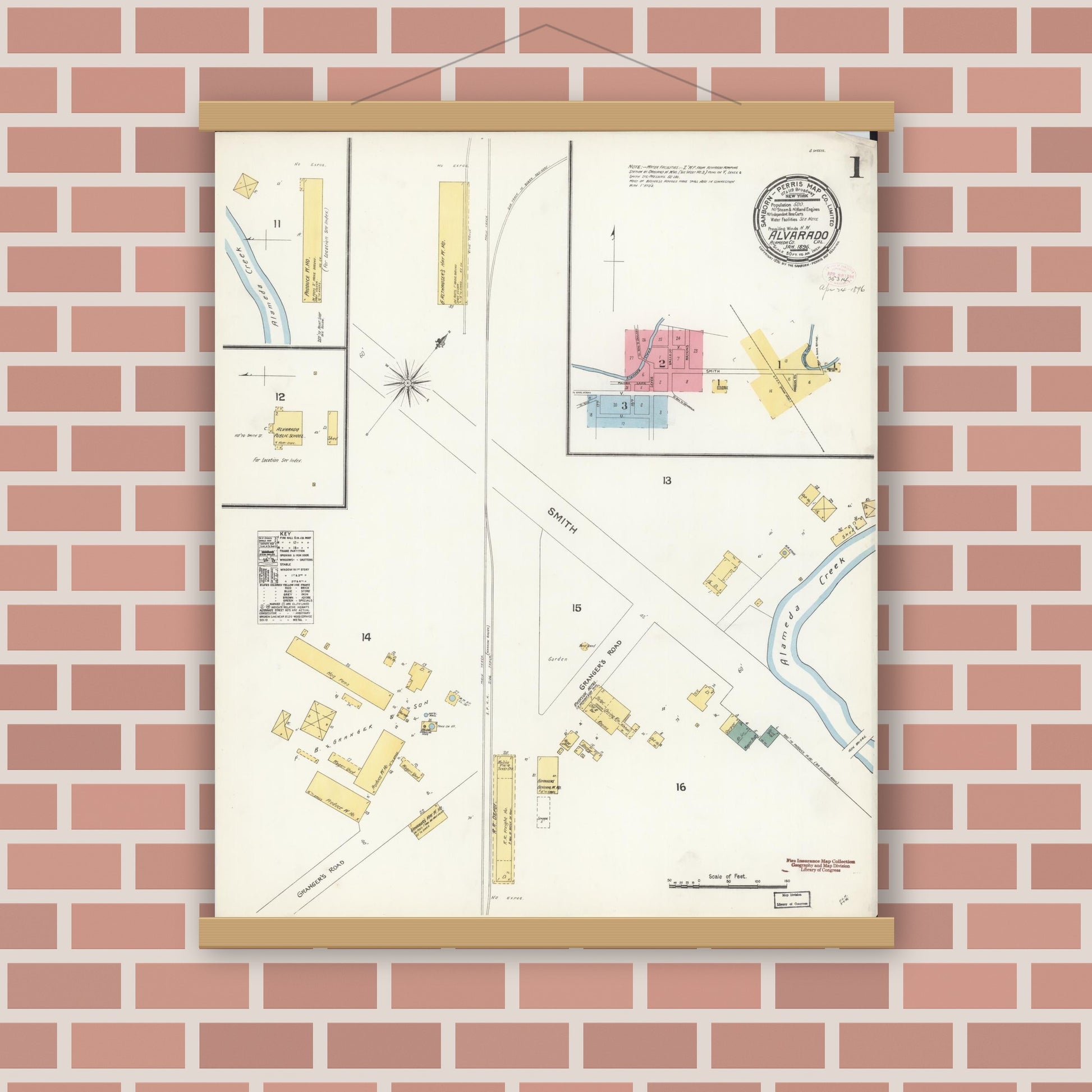 Old map wall art mockup — magnetic wood frame on brick wall — Sanborn Fire Insurance Map from Alvarado, Alameda County, California (1896), Sheet #0001