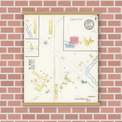Old map wall art mockup — magnetic wood frame on brick wall — Sanborn Fire Insurance Map from Alvarado, Alameda County, California (1896), Sheet #0001