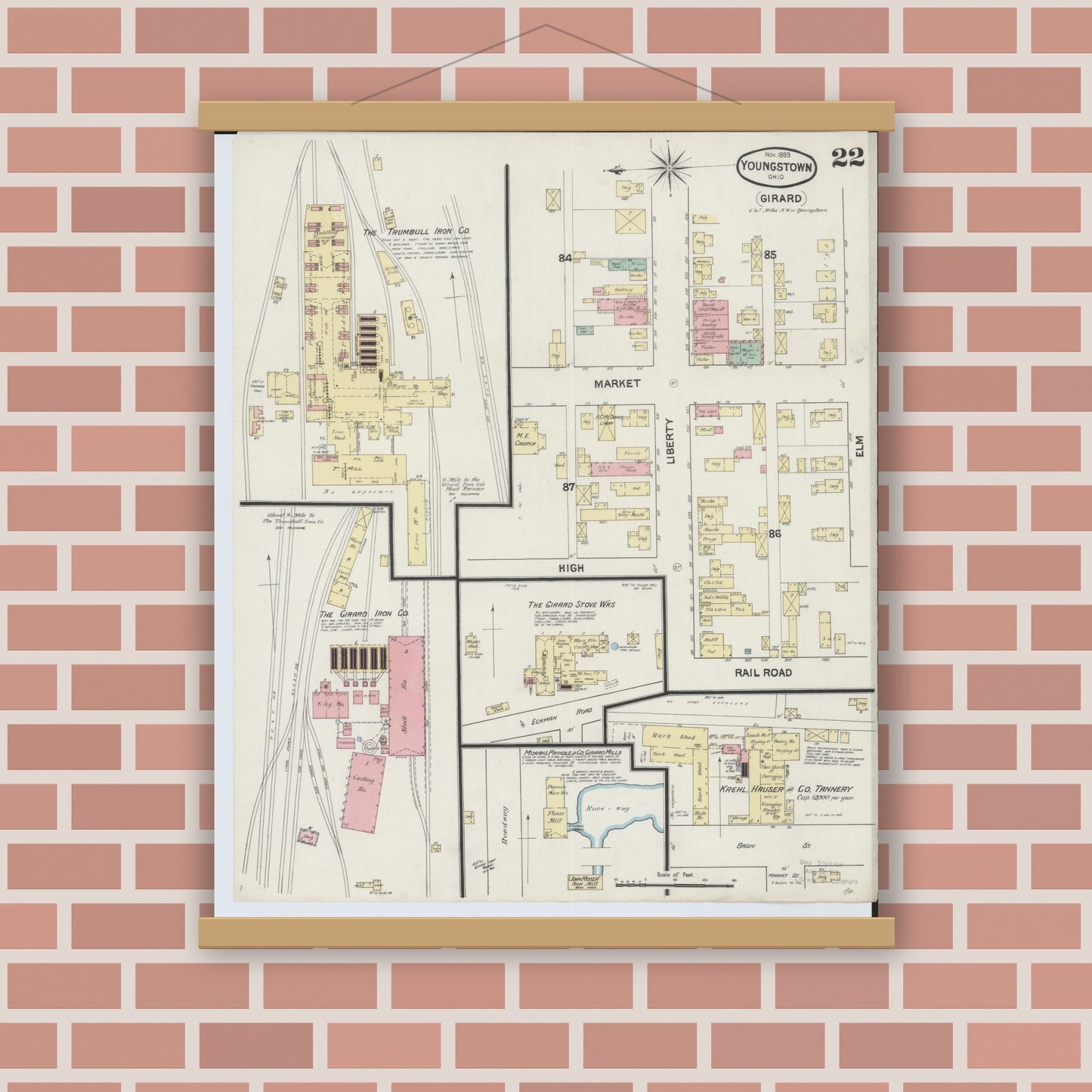 Old map wall art mockup — magnetic wood frame on brick wall — Sanborn Fire Insurance Map from Youngstown, Mahoning County, Ohio (1889), Sheet #0022