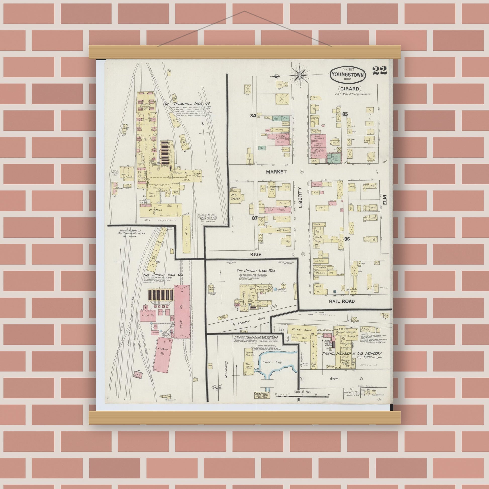 Old map wall art mockup — magnetic wood frame on brick wall — Sanborn Fire Insurance Map from Youngstown, Mahoning County, Ohio (1889), Sheet #0022