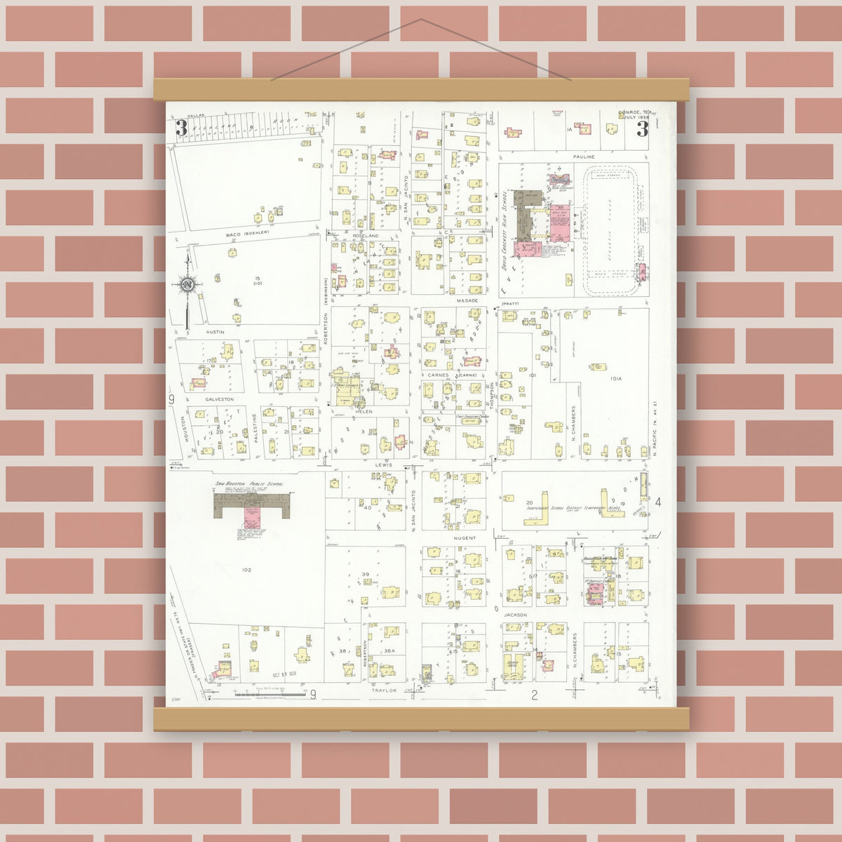 Old map wall art mockup — magnetic wood frame on brick wall — Sanborn Fire Insurance Map from Conroe, Montgomery County, Texas (1938), Sheet #0003