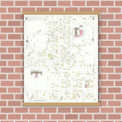 Old map wall art mockup — magnetic wood frame on brick wall — Sanborn Fire Insurance Map from Conroe, Montgomery County, Texas (1938), Sheet #0003