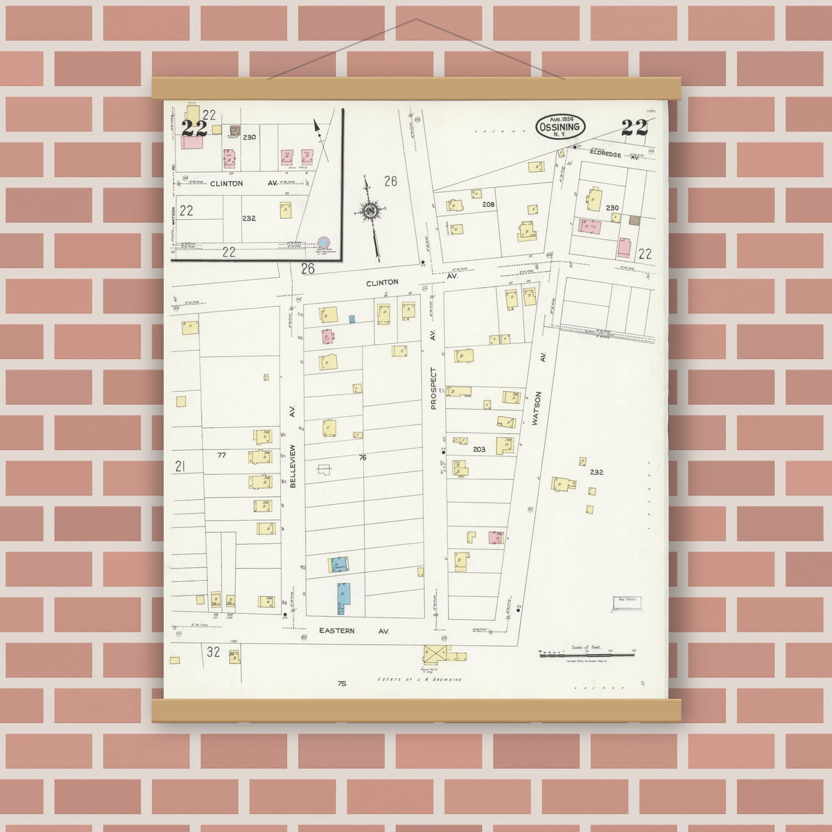 Old map wall art mockup — magnetic wood frame on brick wall — Sanborn Fire Insurance Map from Ossining, Westchester County, New York (1924), Sheet #0022