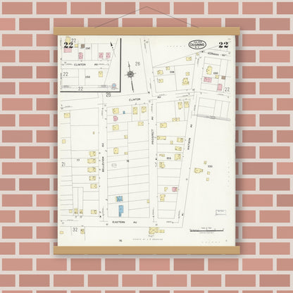Old map wall art mockup — magnetic wood frame on brick wall — Sanborn Fire Insurance Map from Ossining, Westchester County, New York (1924), Sheet #0022