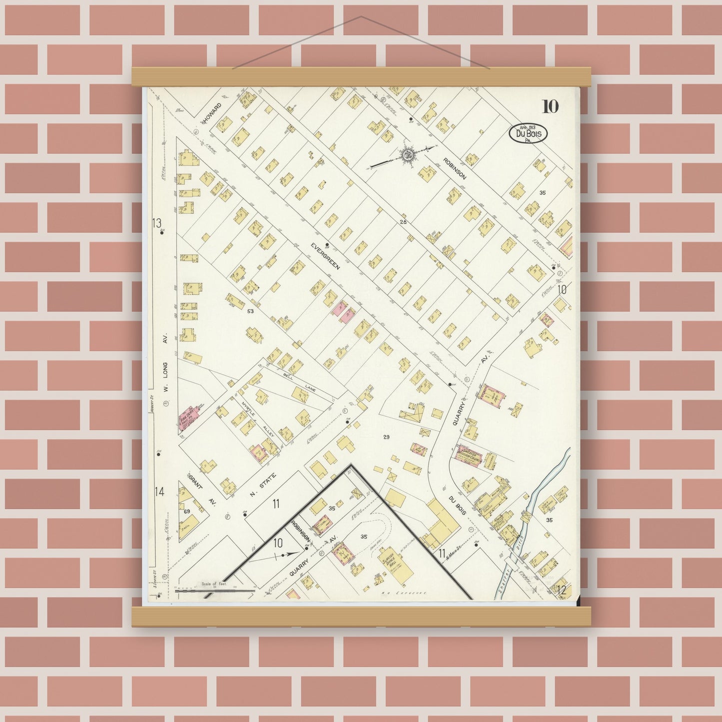 Old map wall art mockup — magnetic wood frame on brick wall — Sanborn Fire Insurance Map from Du Bois, Clearfield County, Pennsylvania (1913), Sheet #0010