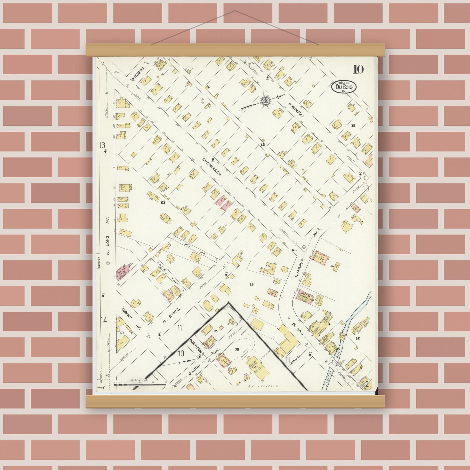 Old map wall art mockup — magnetic wood frame on brick wall — Sanborn Fire Insurance Map from Du Bois, Clearfield County, Pennsylvania (1913), Sheet #0010
