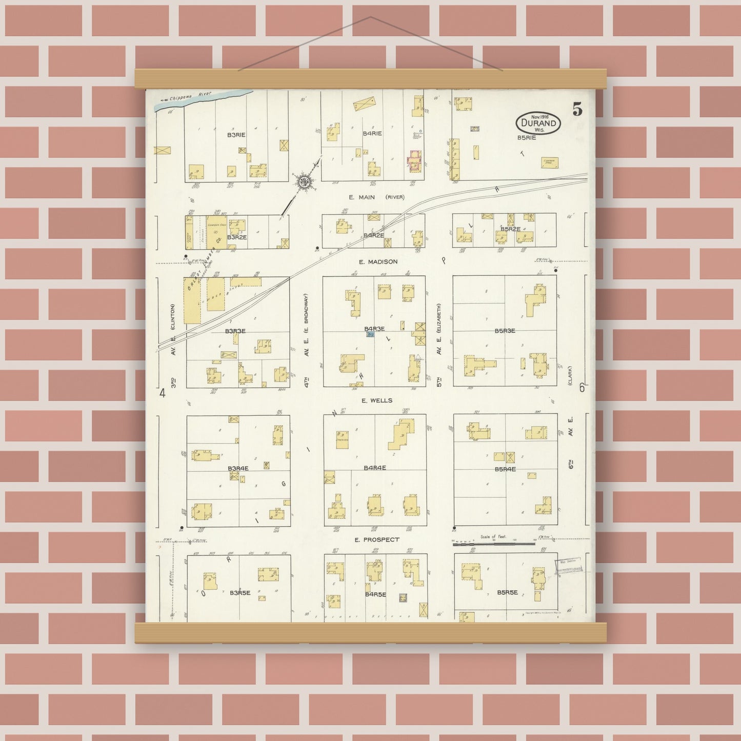 Old map wall art mockup — magnetic wood frame on brick wall — Sanborn Fire Insurance Map from Durand, Pepin County, Wisconsin (1916), Sheet #0005