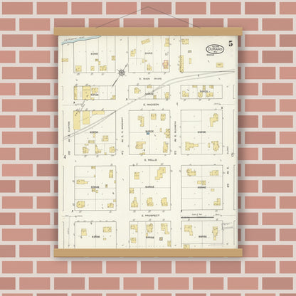 Old map wall art mockup — magnetic wood frame on brick wall — Sanborn Fire Insurance Map from Durand, Pepin County, Wisconsin (1916), Sheet #0005