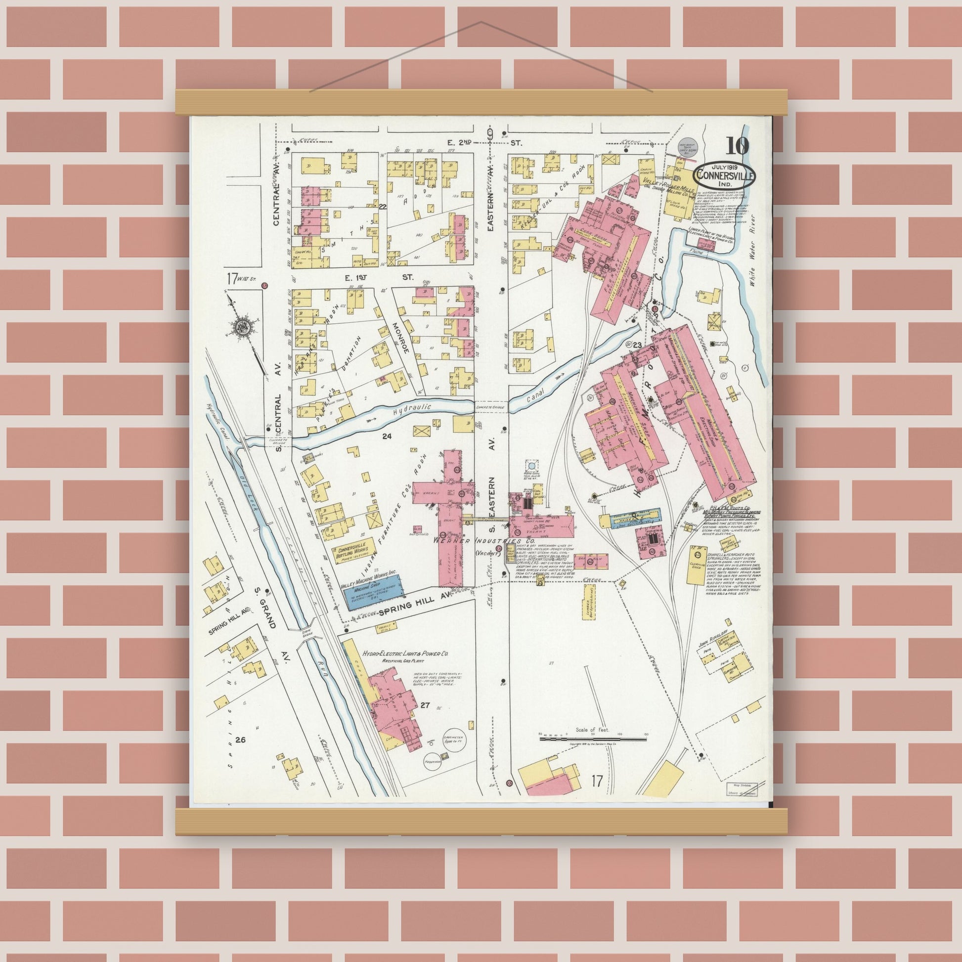 Old map wall art mockup — magnetic wood frame on brick wall — Sanborn Fire Insurance Map from Connersville, Fayette County, Indiana (1919), Sheet #0010