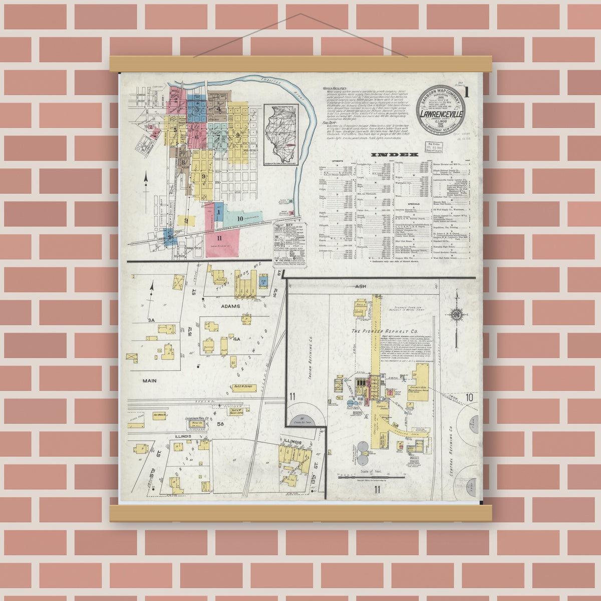 Old map wall art mockup — magnetic wood frame on brick wall — Sanborn Fire Insurance Map from Lawrenceville, Lawrence County, Illinois (1918) - Complete Map Set