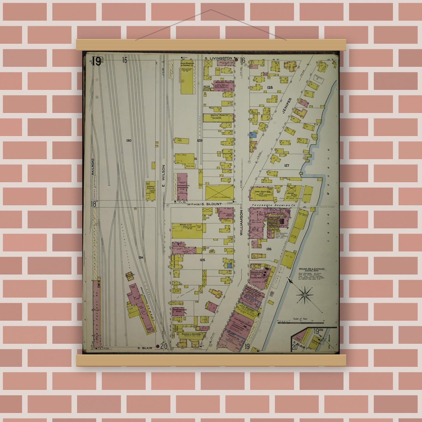 Old map wall art mockup — magnetic wood frame on brick wall — Sanborn Fire Insurance Map from Madison, Dane County, Wisconsin (1908), Sheet #0019