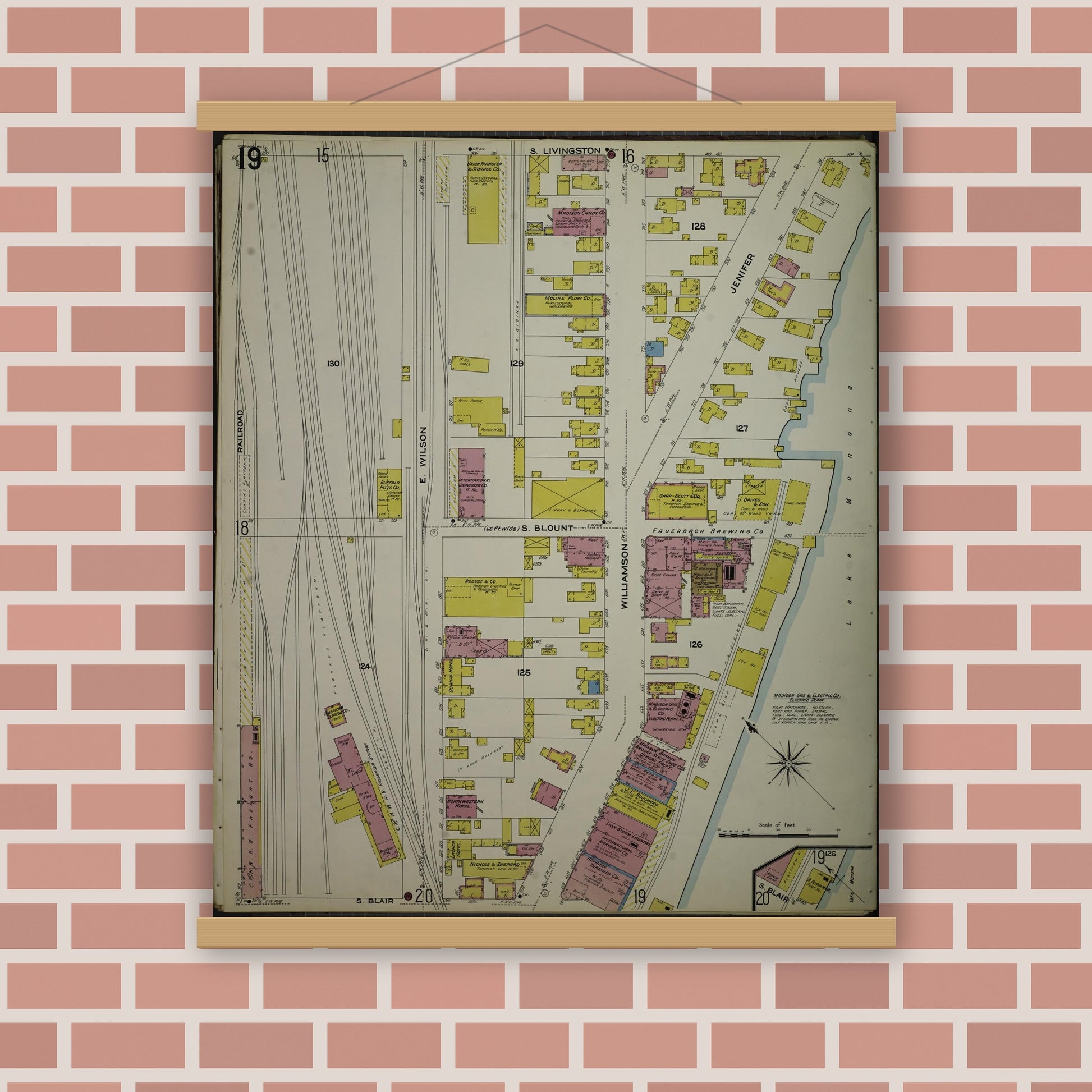 Old map wall art mockup — magnetic wood frame on brick wall — Sanborn Fire Insurance Map from Madison, Dane County, Wisconsin (1908), Sheet #0019