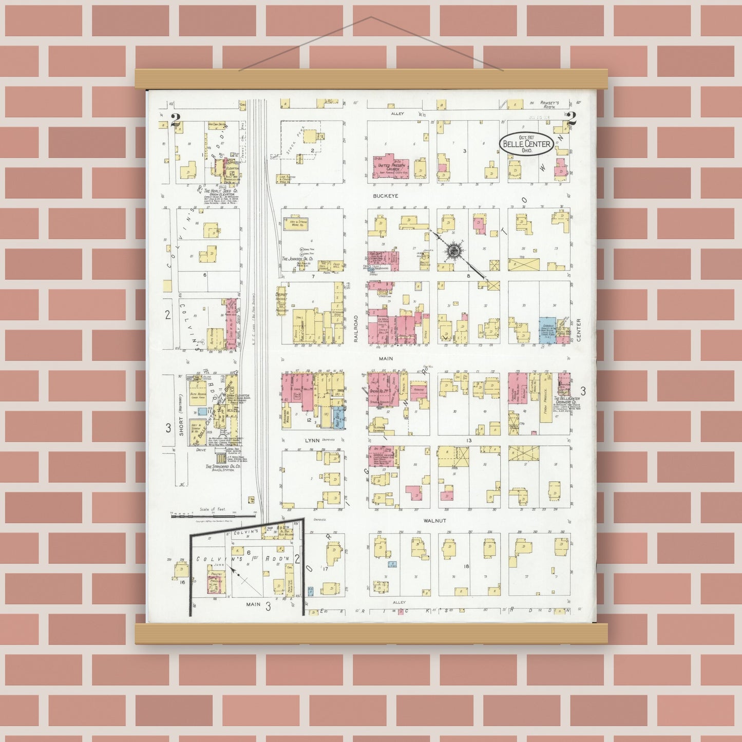 Old map wall art mockup — magnetic wood frame on brick wall — Sanborn Fire Insurance Map from Belle Centre, Logan County, Ohio (1927), Sheet #0002