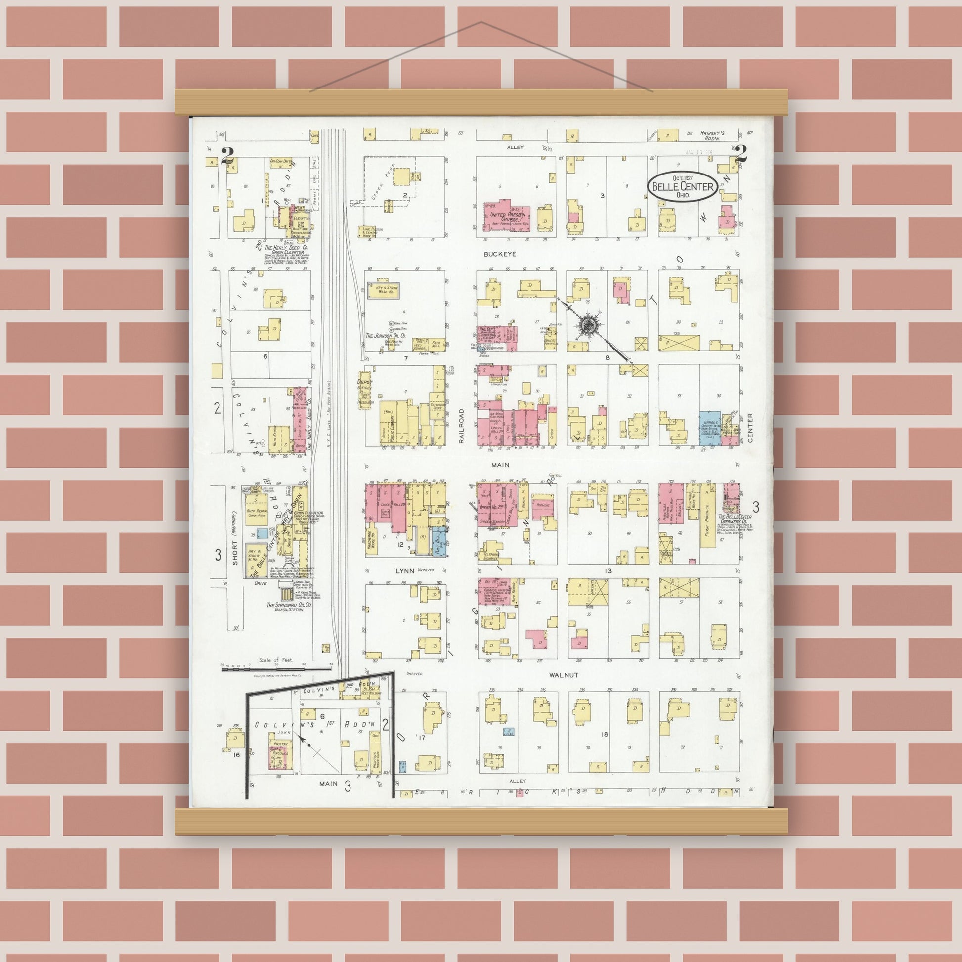 Old map wall art mockup — magnetic wood frame on brick wall — Sanborn Fire Insurance Map from Belle Centre, Logan County, Ohio (1927), Sheet #0002