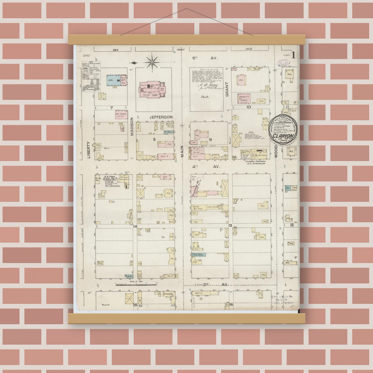 Old map wall art mockup — magnetic wood frame on brick wall — Sanborn Fire Insurance Map from Clarion, Clarion County, Pennsylvania (1887) - Complete Map Set