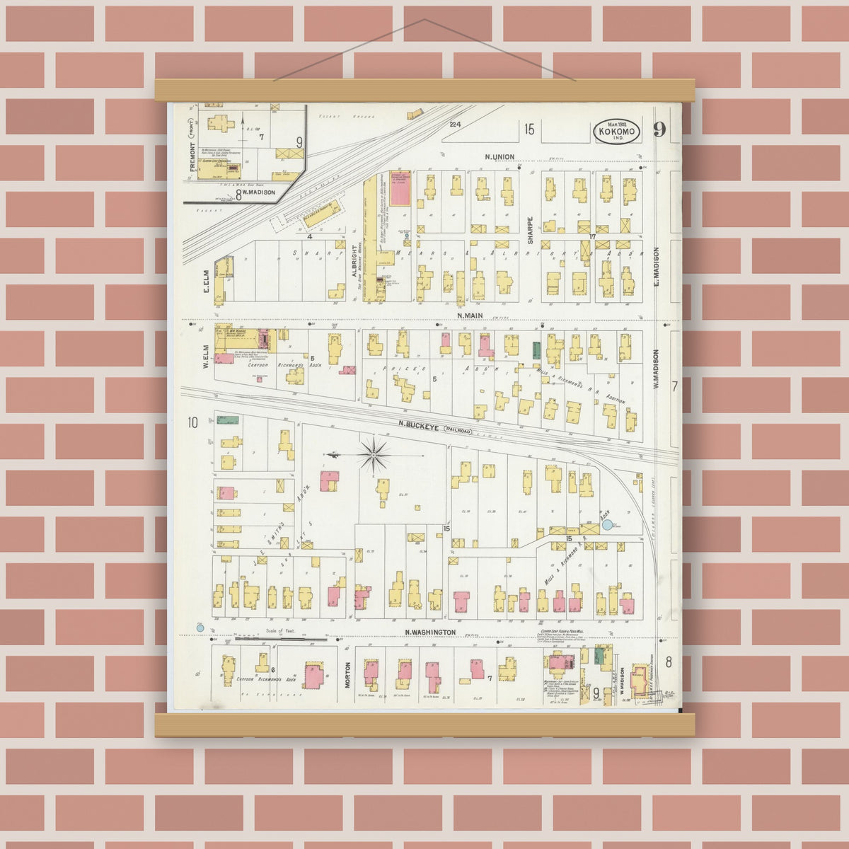Old map wall art mockup — magnetic wood frame on brick wall — Sanborn Fire Insurance Map from Kokomo, Howard County, Indiana (1902), Sheet #0009
