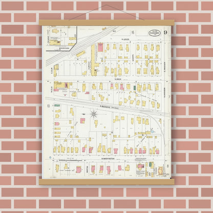 Old map wall art mockup — magnetic wood frame on brick wall — Sanborn Fire Insurance Map from Kokomo, Howard County, Indiana (1902), Sheet #0009