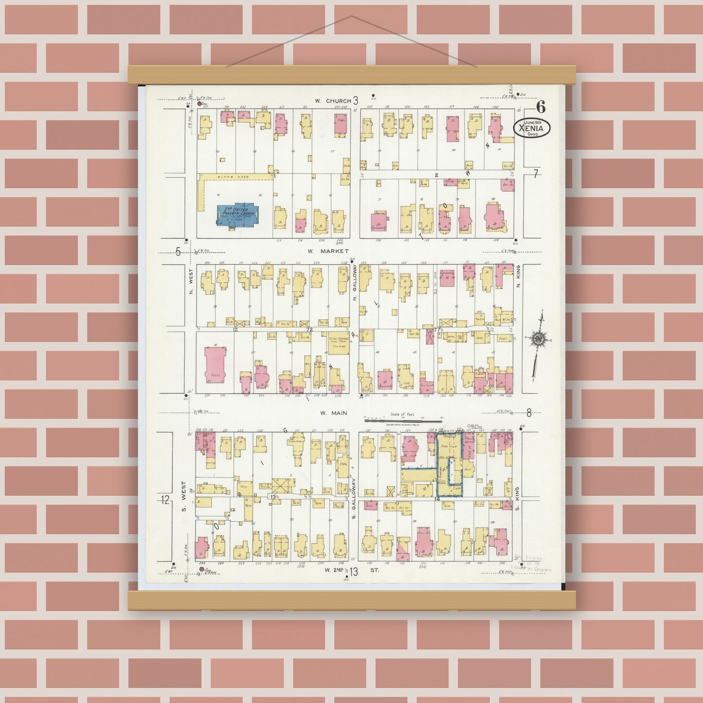 Old map wall art mockup — magnetic wood frame on brick wall — Sanborn Fire Insurance Map from Xenia, Greene County, Ohio (1919), Sheet #0006