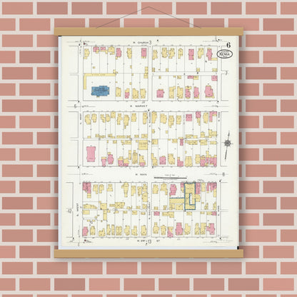 Old map wall art mockup — magnetic wood frame on brick wall — Sanborn Fire Insurance Map from Xenia, Greene County, Ohio (1919), Sheet #0006