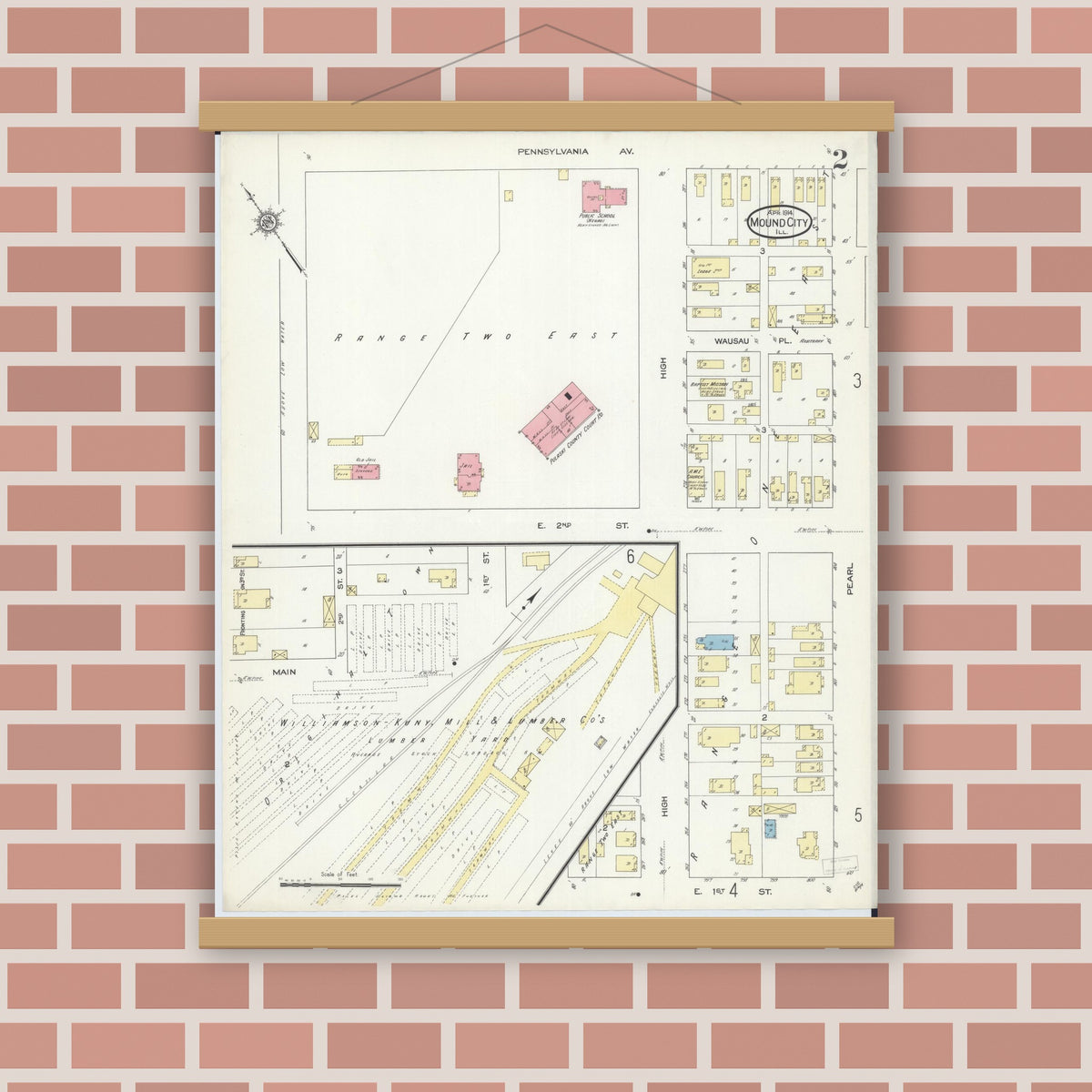 Old map wall art mockup — magnetic wood frame on brick wall — Sanborn Fire Insurance Map from Mound City, Pulaski County, Illinois (1914), Sheet #0002